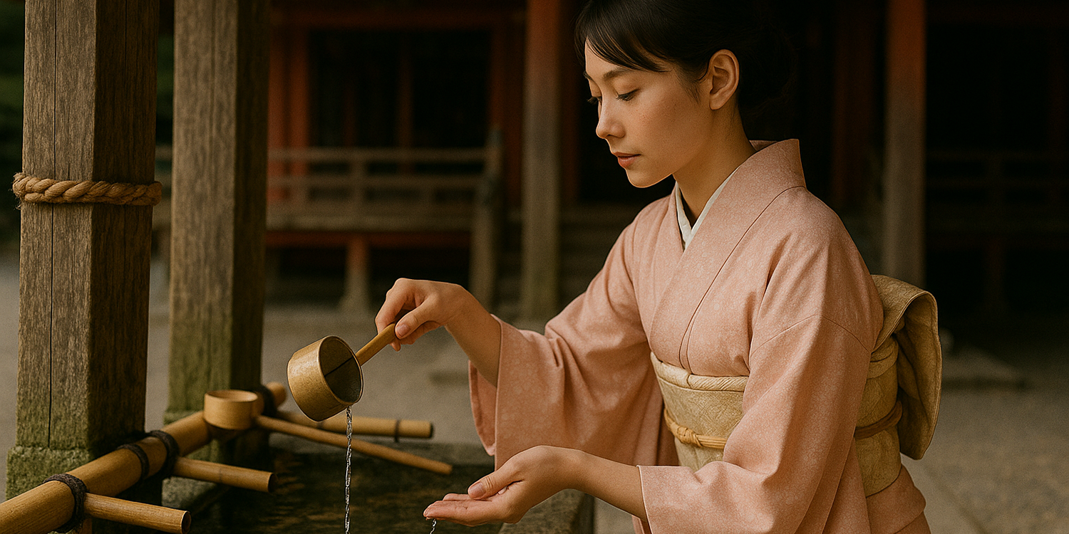 手水舎で手を清めるシーン